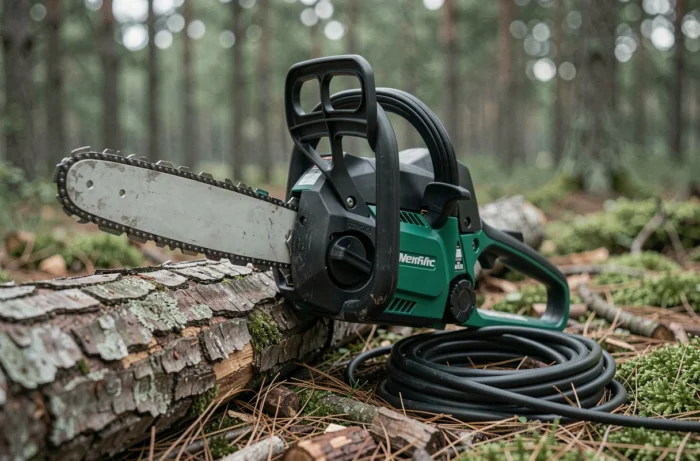Gros plan sur une tronçonneuse électrique Oregon posée sur une bûche de pin en forêt, détail des matériaux et de l'ergonomie
