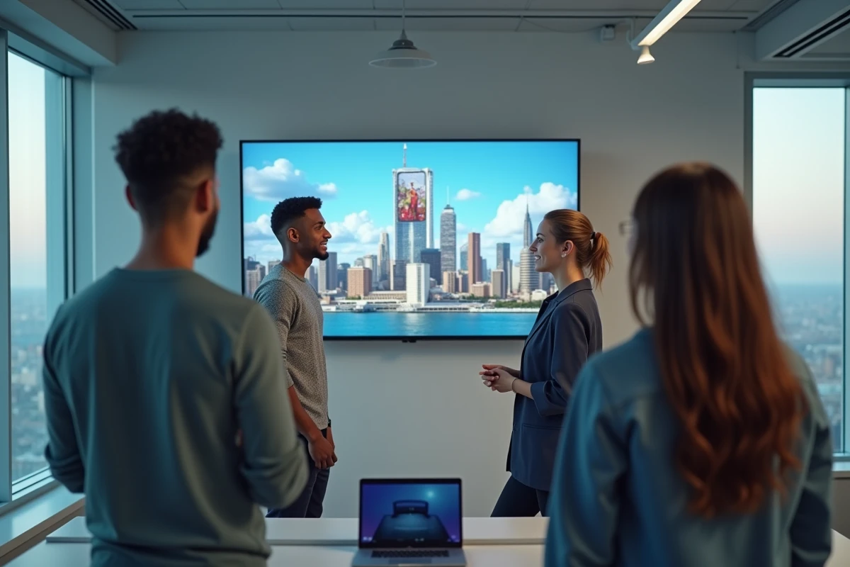 Groupe de jeunes adultes discutant d une scene 3D