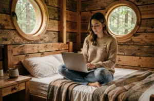Voyageuse consultant des hébergements insolites sur son ordinateur portable dans une cabane dans les arbres en bois rustique
