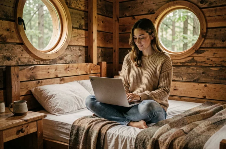 Voyageuse consultant des hébergements insolites sur son ordinateur portable dans une cabane dans les arbres en bois rustique