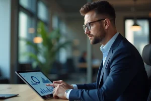 Homme d'affaires en costume bleu utilisant une tablette dans un bureau moderne