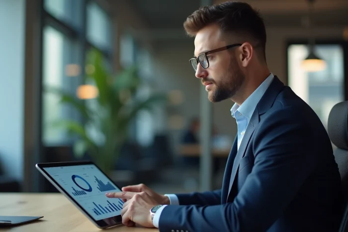 Homme d'affaires en costume bleu utilisant une tablette dans un bureau moderne