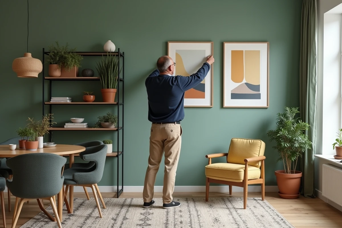 Homme tenant une œuvre abstraite dans un intérieur scandinave