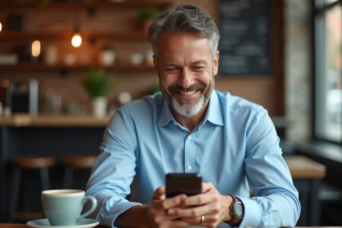 Homme souriant recevant une approbation de prêt personnel sur son smartphone dans un café urbain