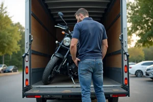 Homme fixant une moto dans une camionnette de location en extérieur