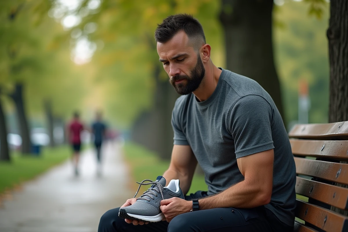 Homme attachant ses chaussures de course sur un banc dans un parc