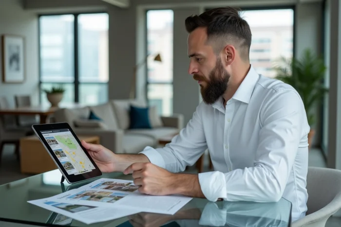 Homme comparant des annonces immobilières sur tablette et brochures papier dans un appartement moderne