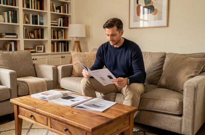 Homme consultant des brochures de confort domestique dans un salon chaleureux avec canapé et bibliothèque