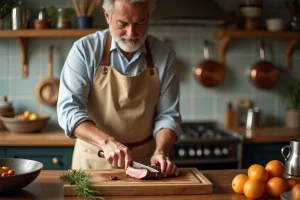 Homme en tablier beige vérifiant un filet mignon de porc