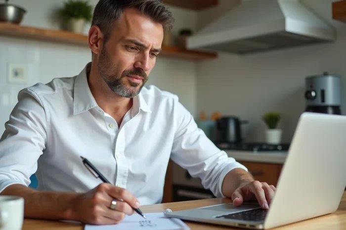 Homme gérant le retrait de son assurance vie en ligne depuis son domicile avec un ordinateur portable