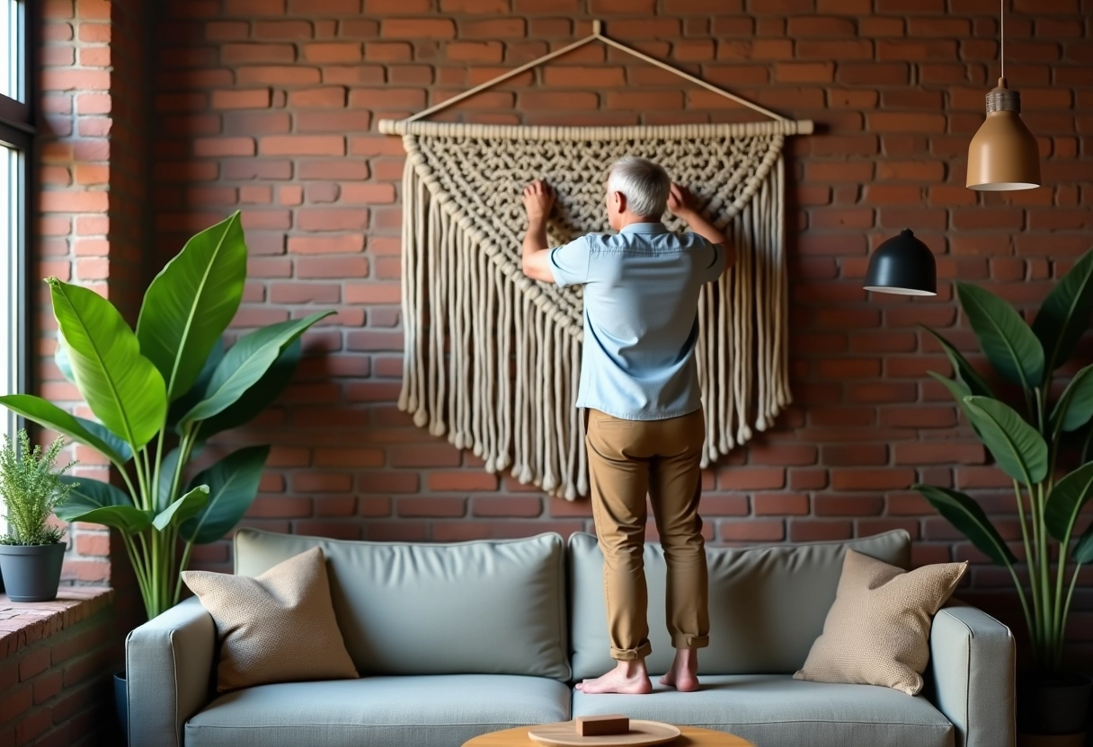 Homme accrochant une décoration en macramé dans le salon