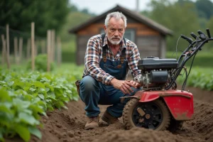 Homme d'âge moyen examine un motoculteur dans un jardin