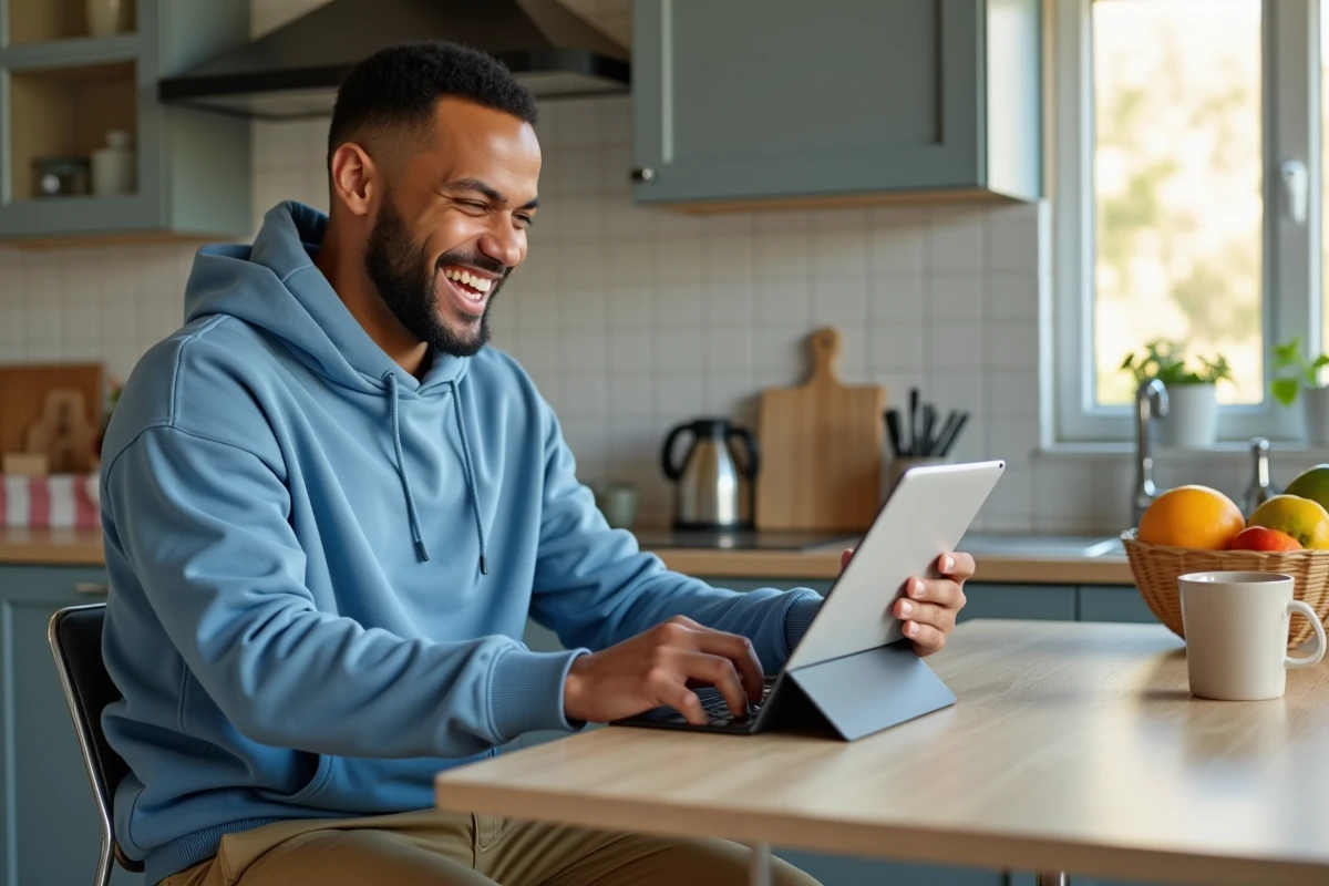 Jeune homme souriant regardant une tablette à la cuisine
