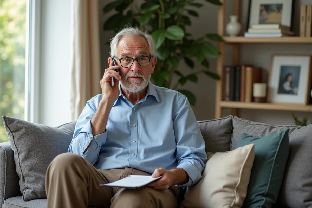 Homme senior parlant au téléphone dans un salon lumineux
