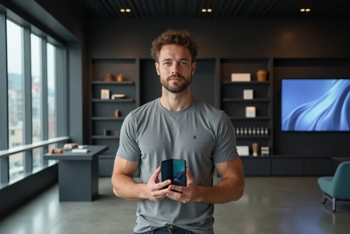 Homme tenant un smartphone pliable nouvelle génération dans un showroom technologique urbain