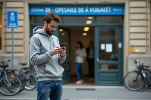 Homme en jean et hoodie utilisant son smartphone devant un bâtiment municipal
