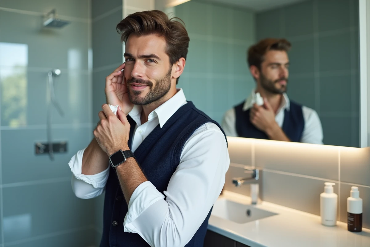 Homme appliquant une crème visage dans une salle de bain moderne