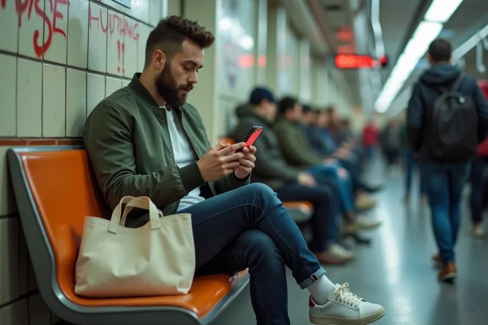 Jeune homme consultant les promotions de soldes Zalando sur son téléphone dans le métro