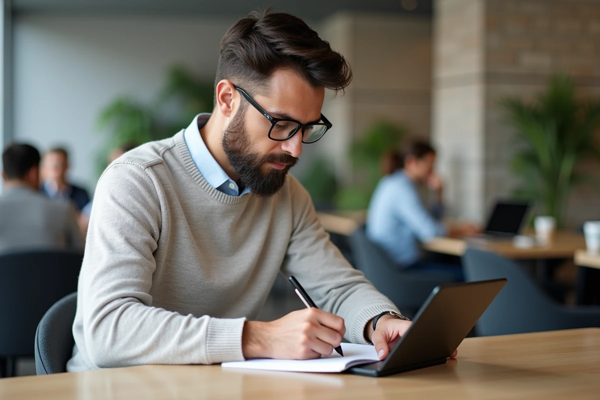 Homme en coworking prend des notes sur sa tablette dans un espace moderne