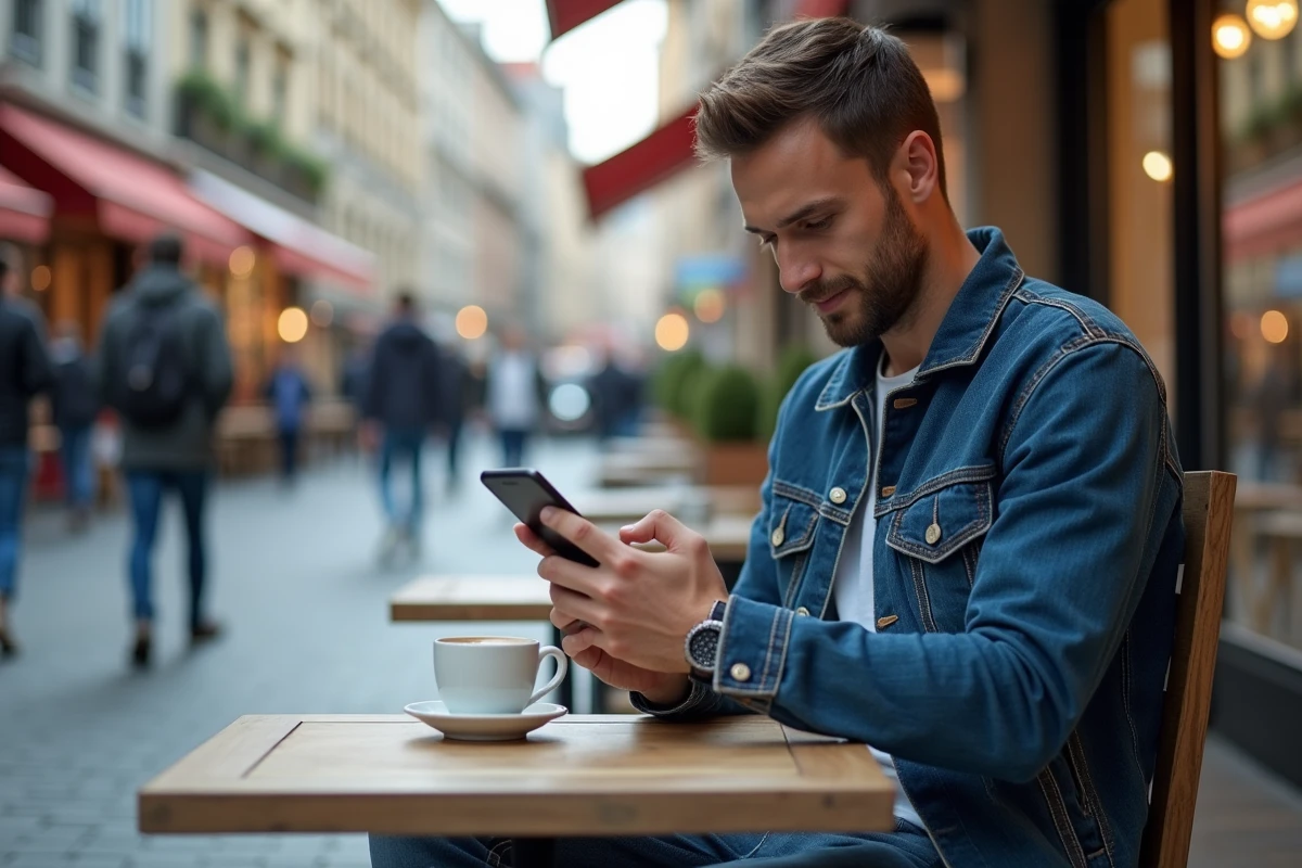 Homme regardant son smartphone en terrasse de café