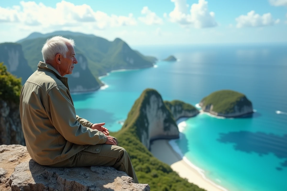 Homme regardant la mer depuis un rocher tropical