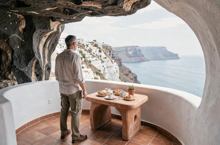Voyageur solitaire profitant de la terrasse d'un hôtel troglodyte insolite avec vue panoramique sur la mer