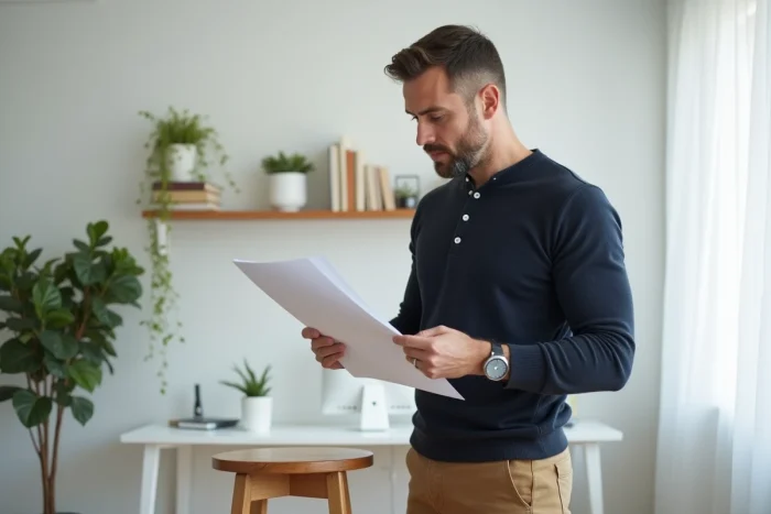 Indépendant masculin examinant des documents dans un bureau à domicile minimaliste et bien organisé