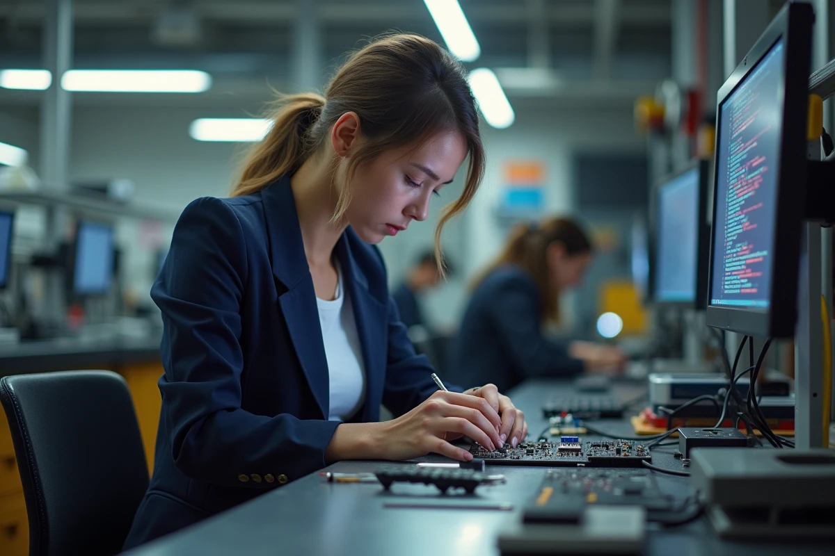 Jeune femme ingénieure assemble un circuit dans un laboratoire hightech