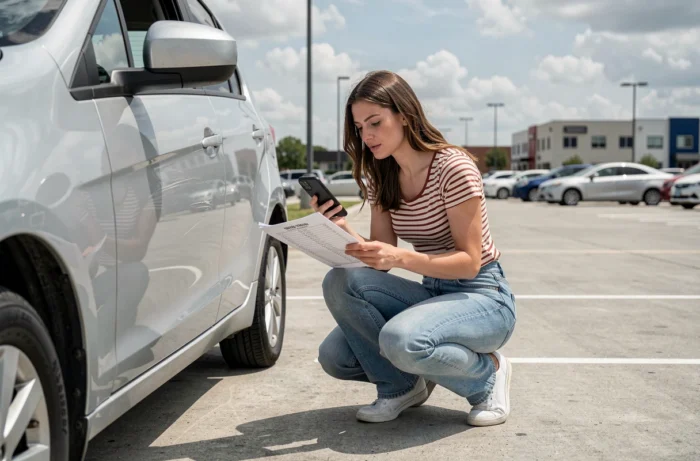 Femme inspectant une voiture de location dans un parking avant le départ en voyage