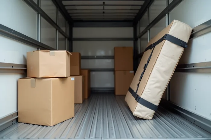 Intérieur d'un camion 10 m3 bien organisé avec cartons, matelas et meubles attachés pour un déménagement