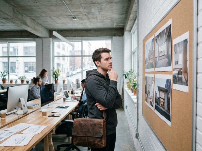 Jeune diplômé en design graphique lors de sa première immersion dans une agence créative professionnelle