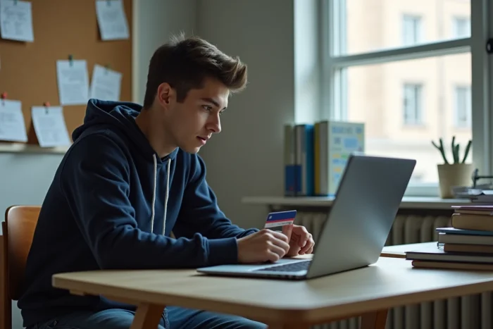 Jeune étudiant assis à son bureau dans une chambre moderne