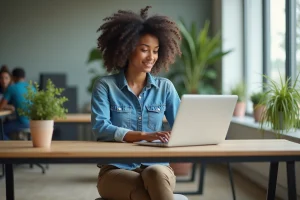 Jeune femme concentrée lors d'un cours en ligne dans un espace moderne