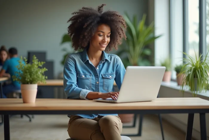 Jeune femme concentrée lors d'un cours en ligne dans un espace moderne