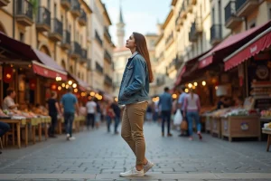 Jeune femme en voyage dans un marché ancien animé