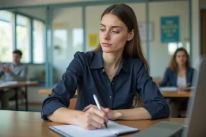 Jeune femme en formation prenant des notes dans une salle lumineuse