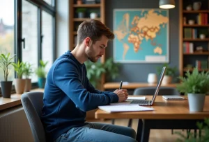 Jeune homme concentré travaillant sur son ordinateur dans un bureau moderne