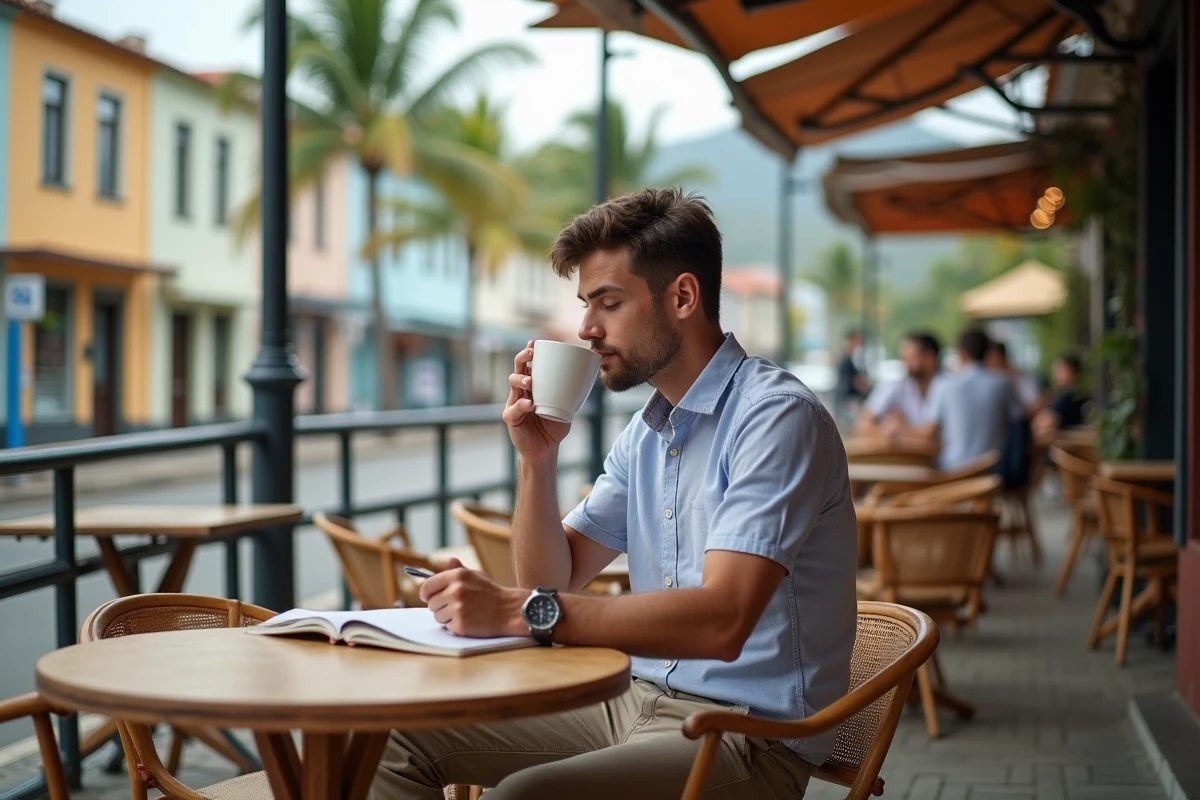 Jeune homme buvant un café sur une terrasse à Nouméa