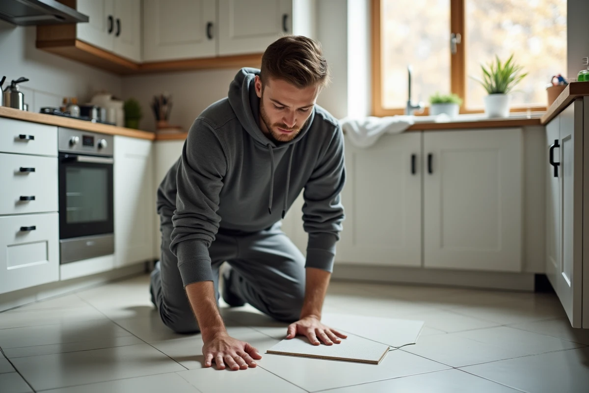 Jeune homme posant des carreaux dans la cuisine