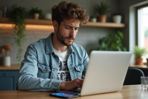 Jeune homme en denim regarde son ordinateur dans un appartement