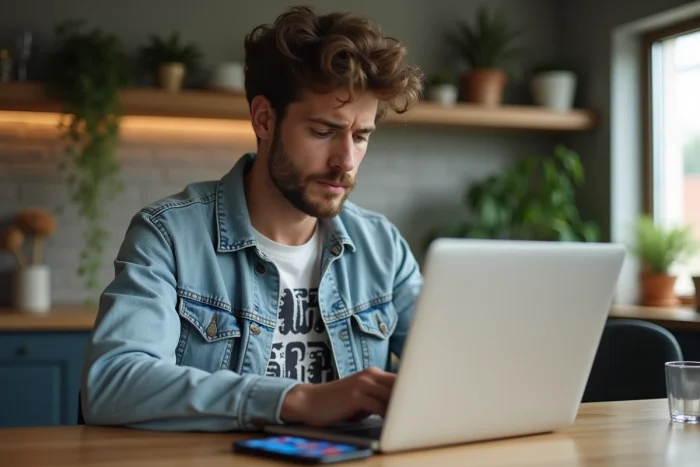 Jeune homme en denim regarde son ordinateur dans un appartement