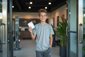 Adolescent souriant avec carte d'abonnement devant gym moderne