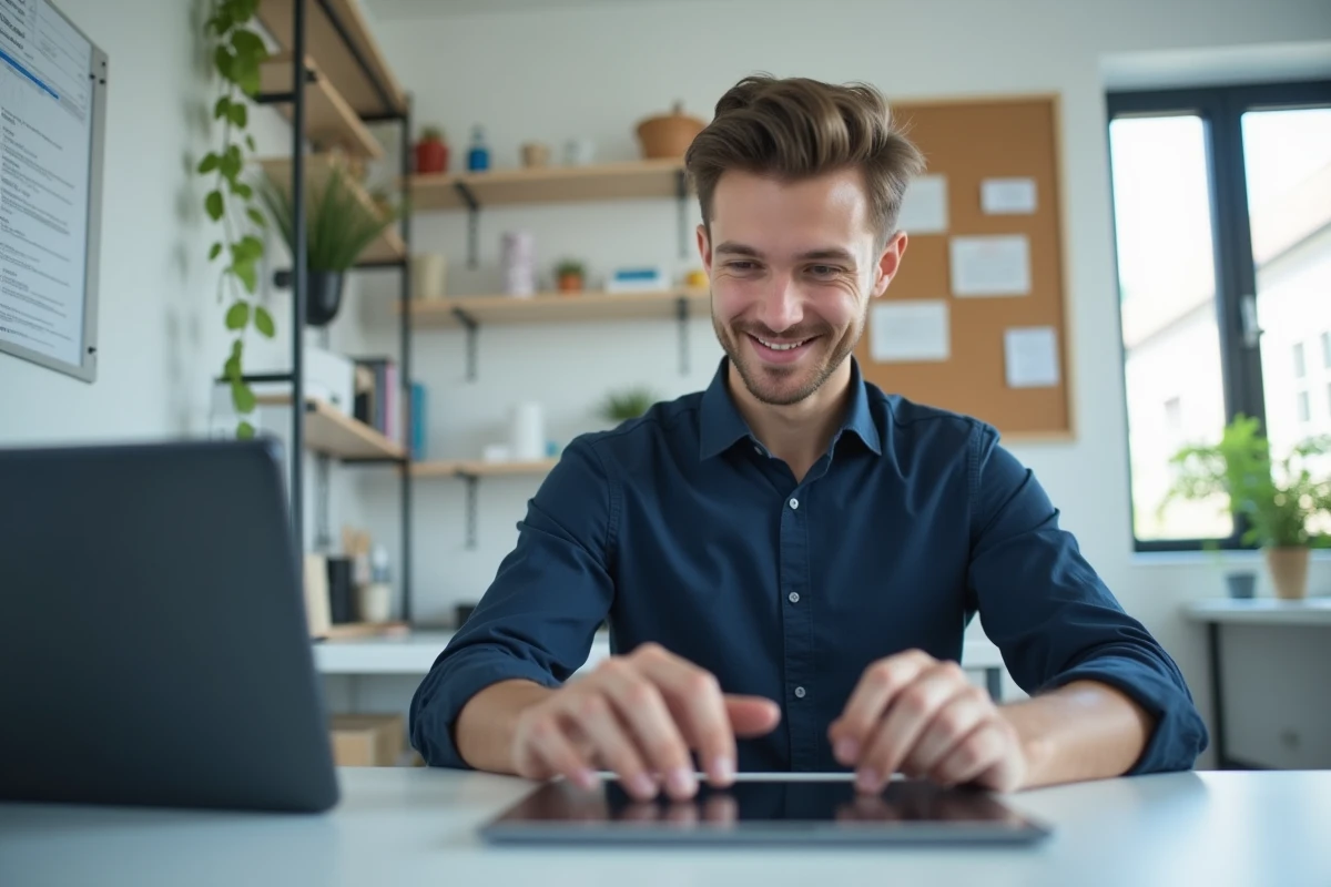 Jeune homme utilisant une tablette pour un rendez-vous médical au bureau
