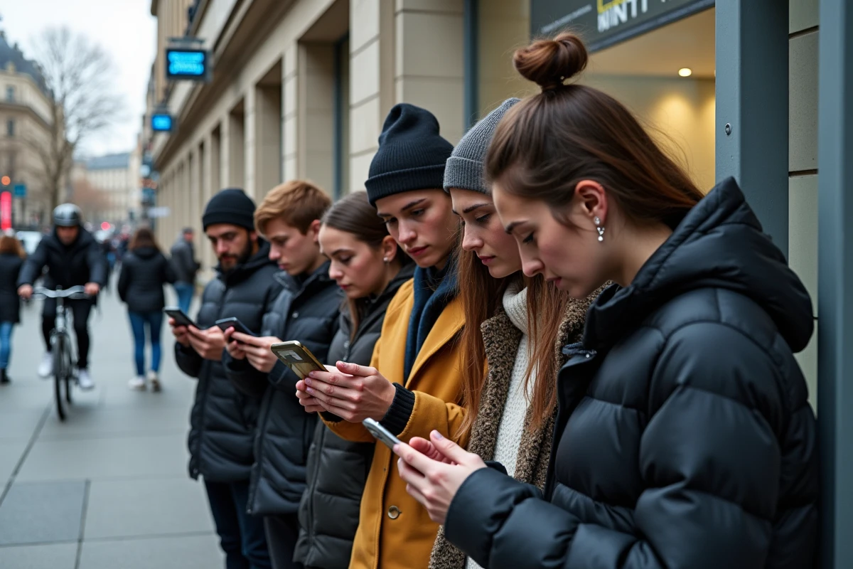Jeunes adultes avec smartphones près d une station de métro