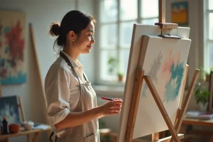 Lisha Bai dans son atelier d'art abstrait en intérieur