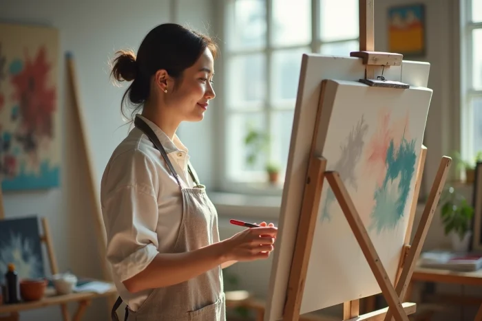 Lisha Bai dans son atelier d'art abstrait en intérieur