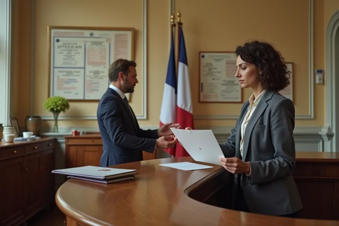 Employée de mairie remettant un document officiel pour un mariage civil en France