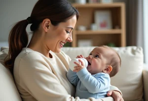 Maman souriante donnant le biberon à son bébé de 4 mois