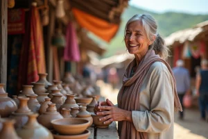 Femme souriante examinant de la poterie artisanale à Dancharia