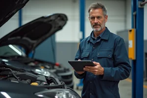 Mécanicien auto homme inspectant un moteur dans un garage moderne
